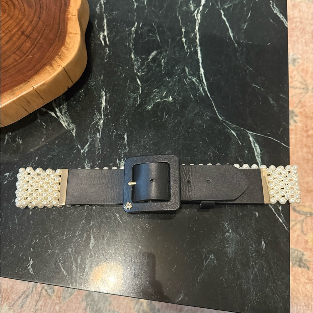 Black Waist Belt with Pearl Accents